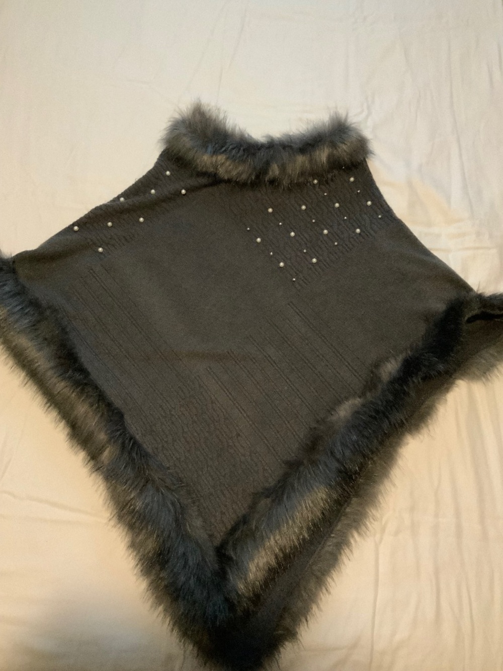 Grey pearl embellished poncho  fur trimmed